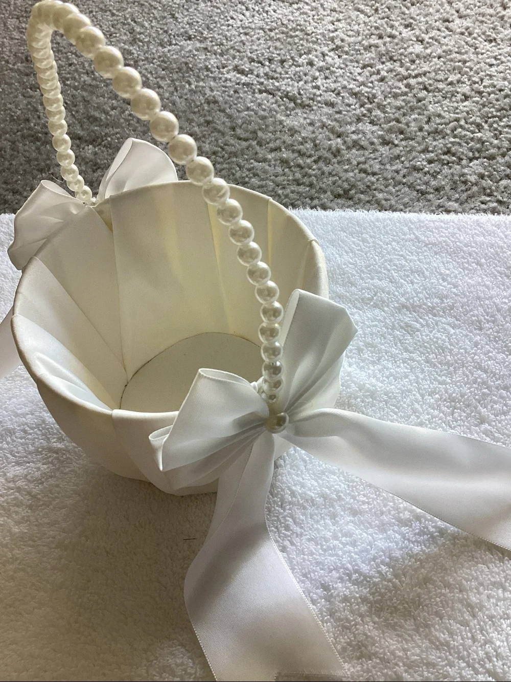 Ivory Satin Flower Girl Basket with Pearl Handle